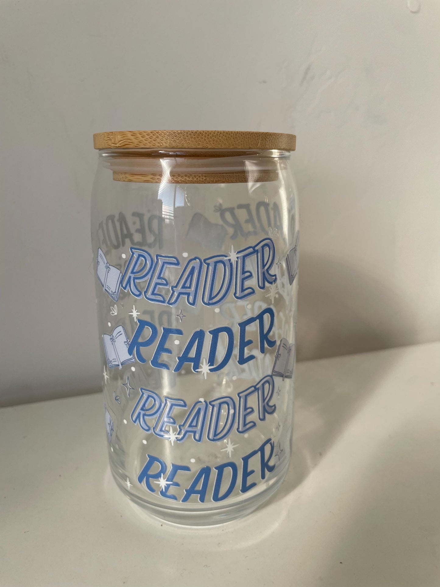 Reader Glass Can w Lid and Glass Straw | Bookish cup, coffee glass, reader gifts
