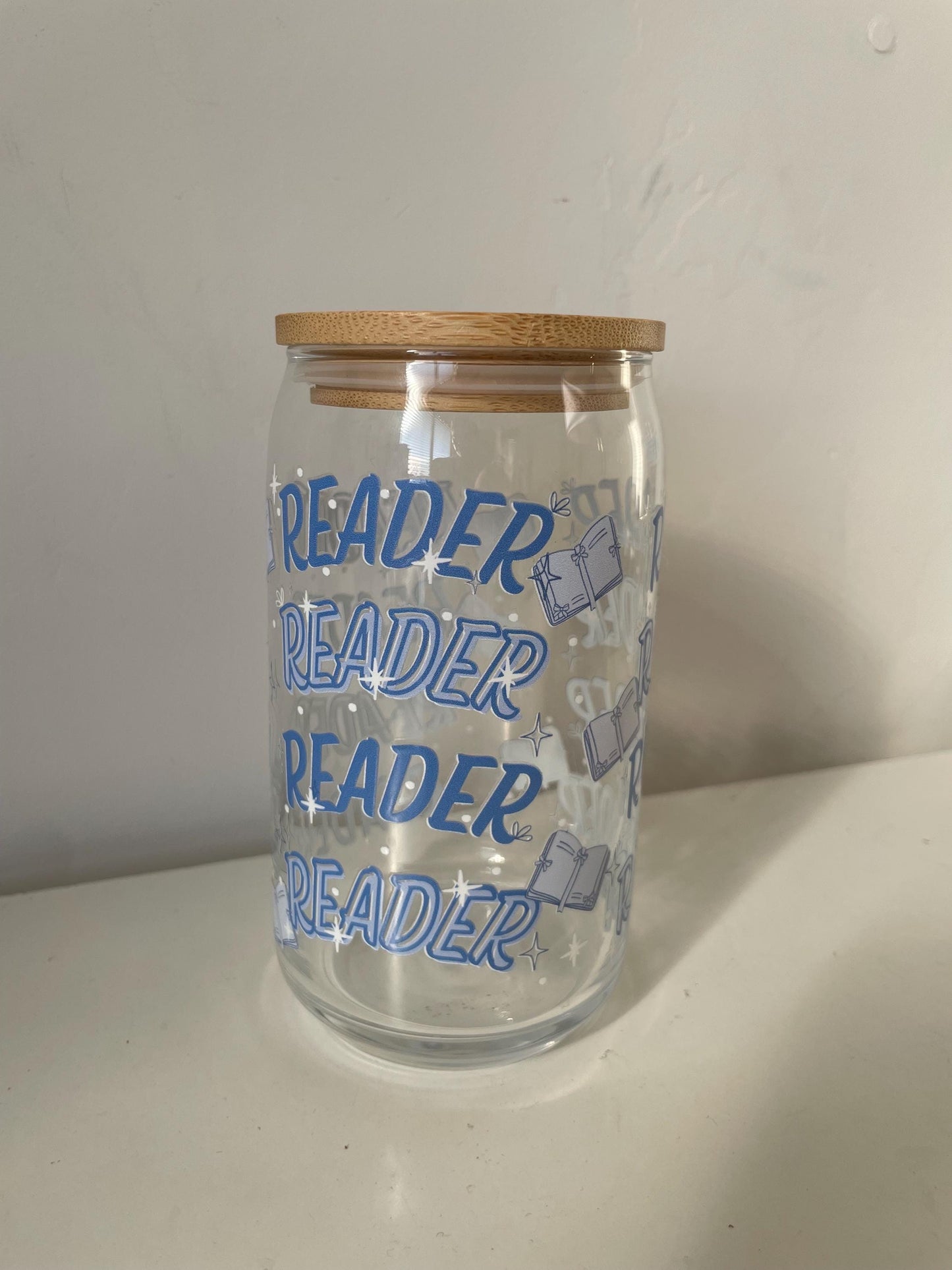 Reader Glass Can w Lid and Glass Straw | Bookish cup, coffee glass, reader gifts