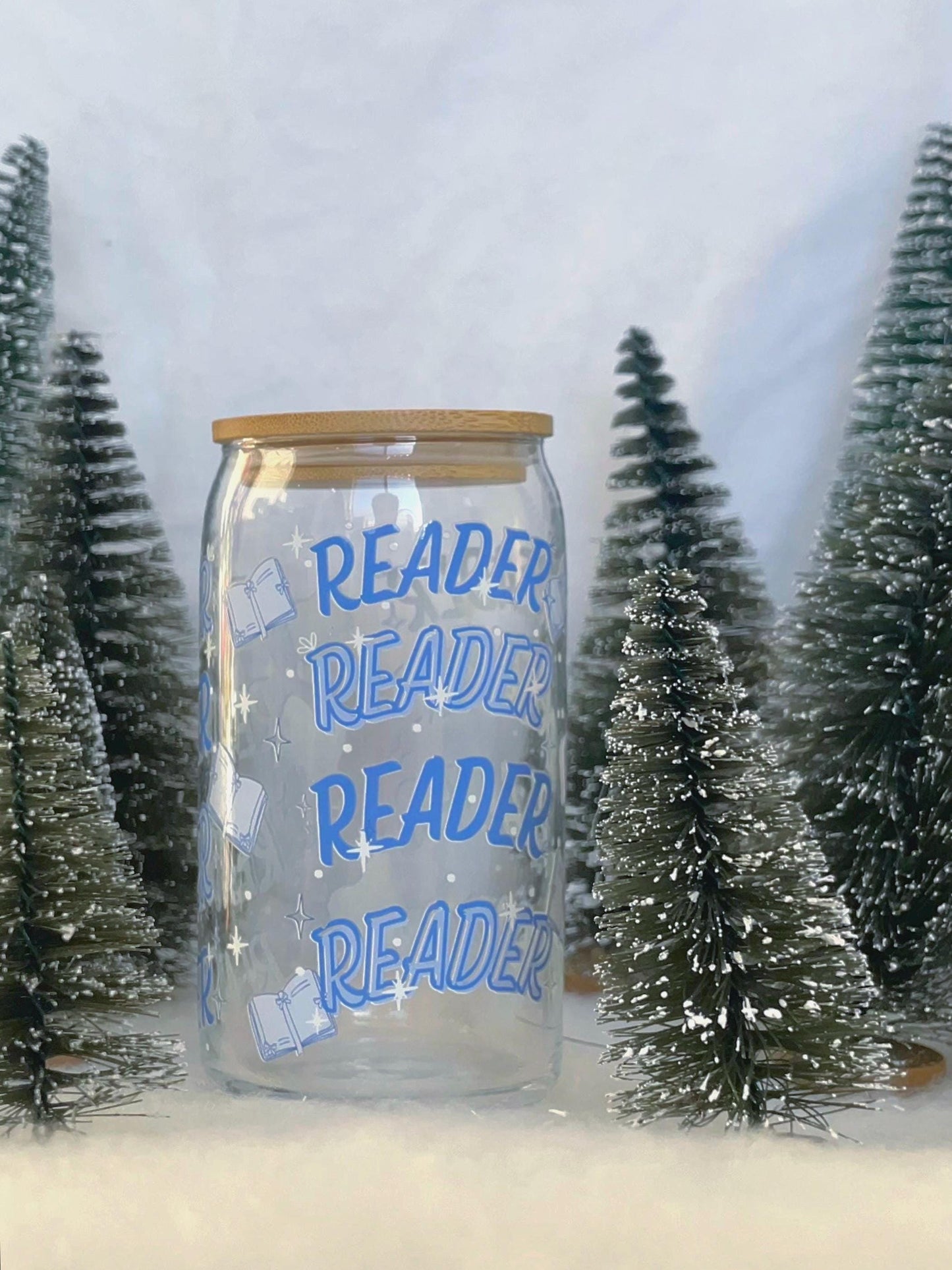 Reader Glass Can w Lid and Glass Straw | Bookish cup, coffee glass, reader gifts