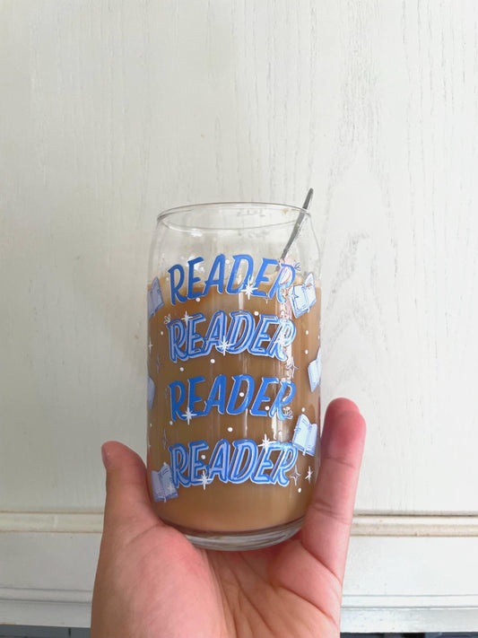 Reader Glass Can w Lid and Glass Straw | Bookish cup, coffee glass, reader gifts