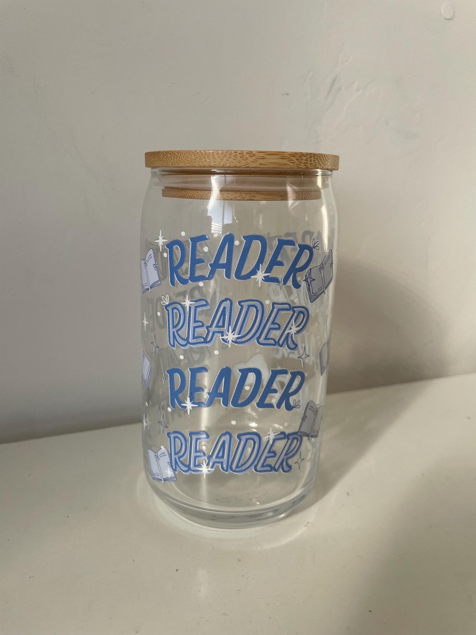 Reader Glass Can w Lid and Glass Straw | Bookish cup, coffee glass, reader gifts