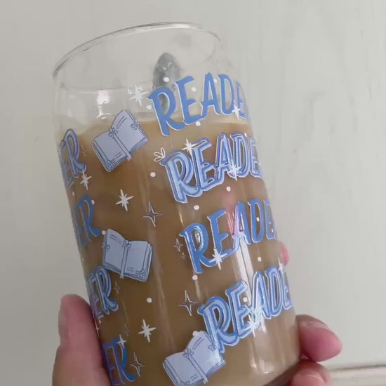 Reader Glass Can w Lid and Glass Straw | Bookish cup, coffee glass, reader gifts