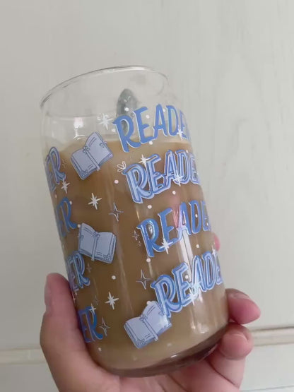 Reader Glass Can w Lid and Glass Straw | Bookish cup, coffee glass, reader gifts